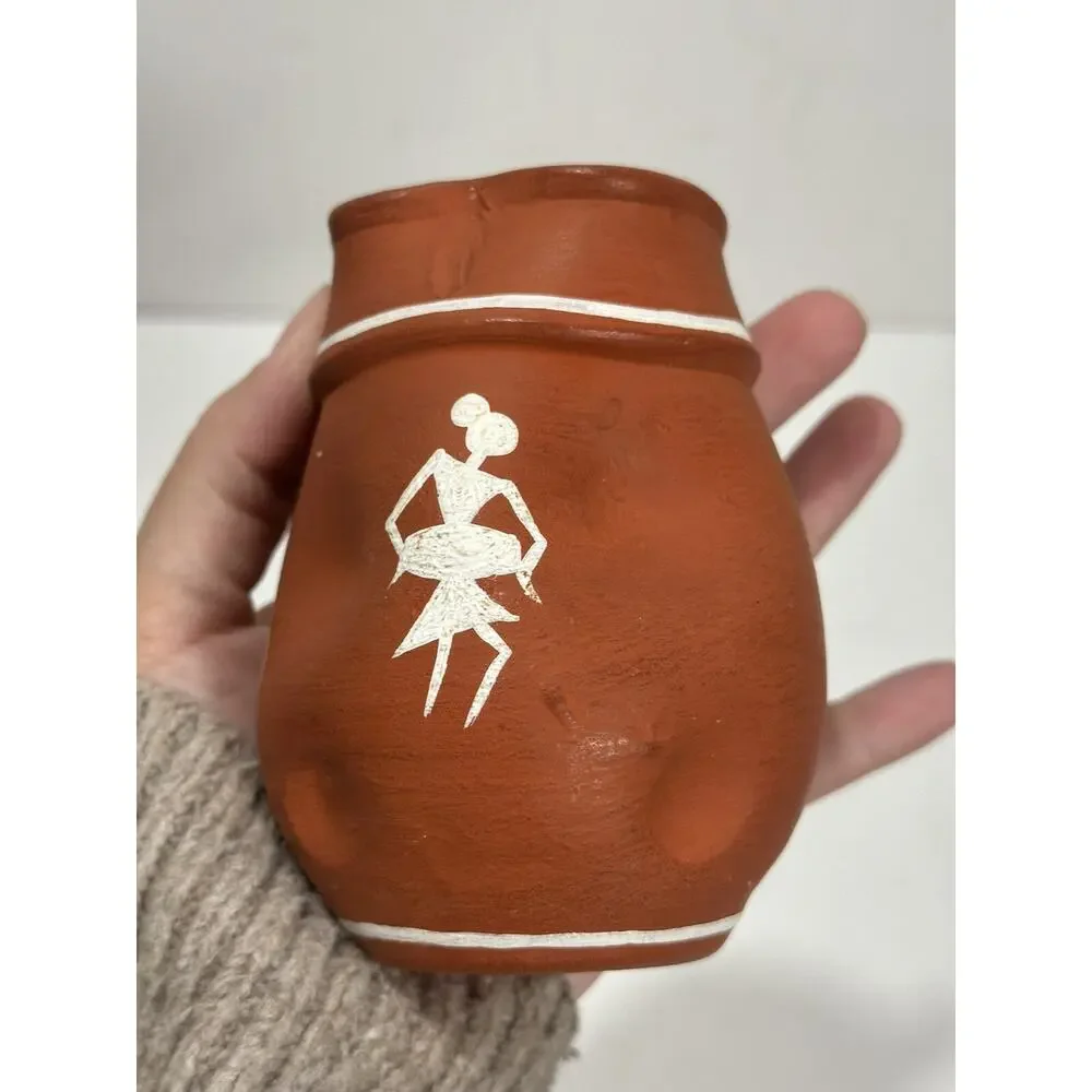 Handmade Terracota Small Vase‎ Dancing Women Playing Wavy Egged See Pictures